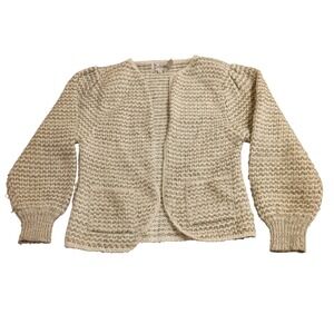 Buffums Knit Cardigan Womens Medium Cream Tan Puff Sleeve Open Front Vintage